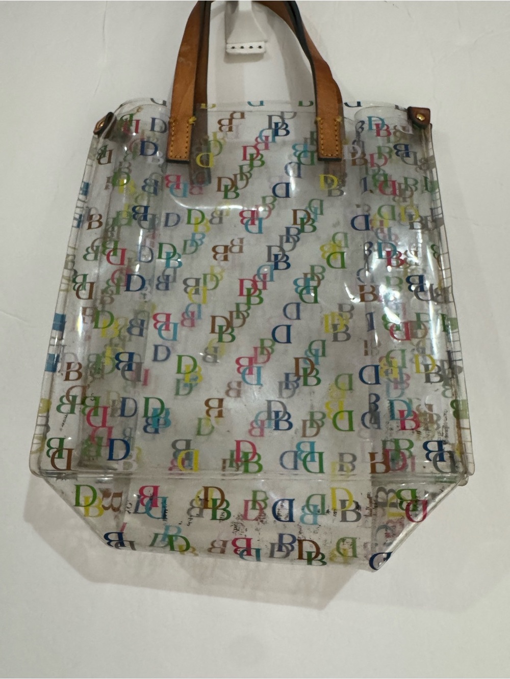 Dooney & Bourke Clear Multicolor Logo Tote with Tan Handles